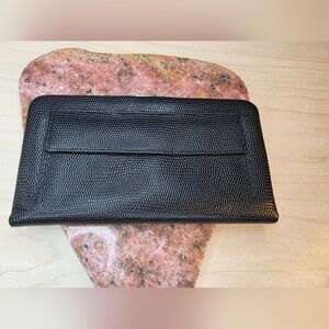 Lodis Black Lizard Embossed Leather Frame Clutch Wallet Silver Hardware